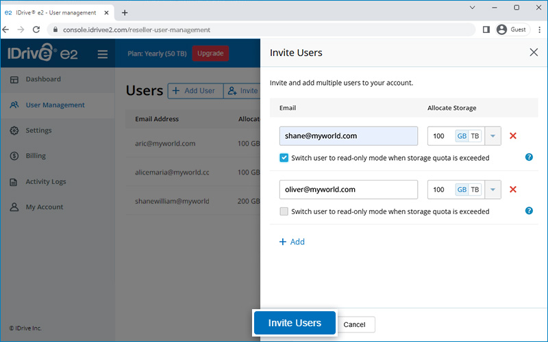 Faq Reseller - invite user form with recipient emails and storage allocation